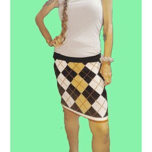 Gibiu Brown White Argyle Diamond Stretch Knit Mini Skirt ~ Small Preppy